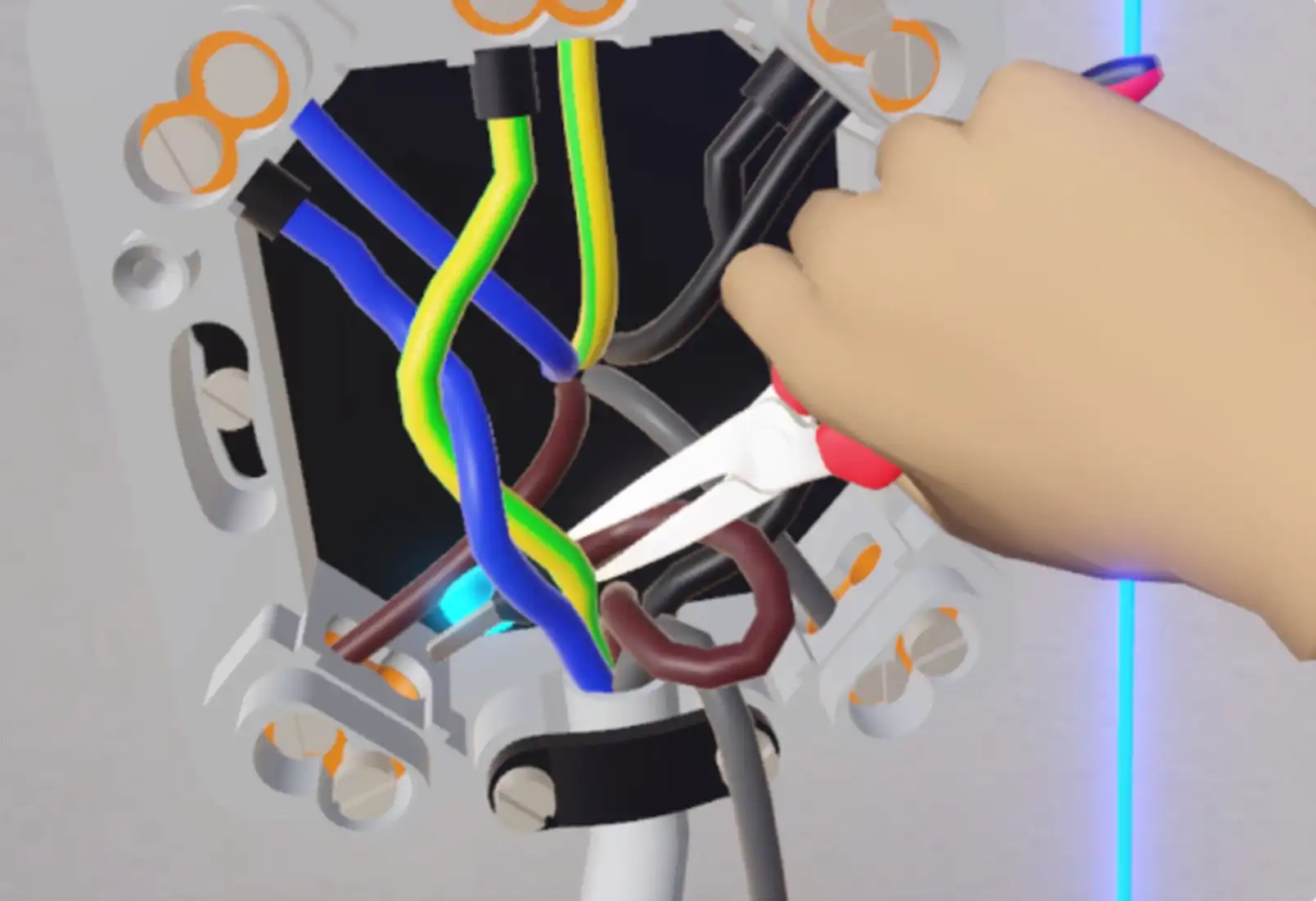 Blick aus der VR-Anwendung: Eine virtuelle Hand bearbeitet mit einem Seitenschneider die Adern (blau, grün-gelb, braun) in einer geöffneten Unterputzdose.