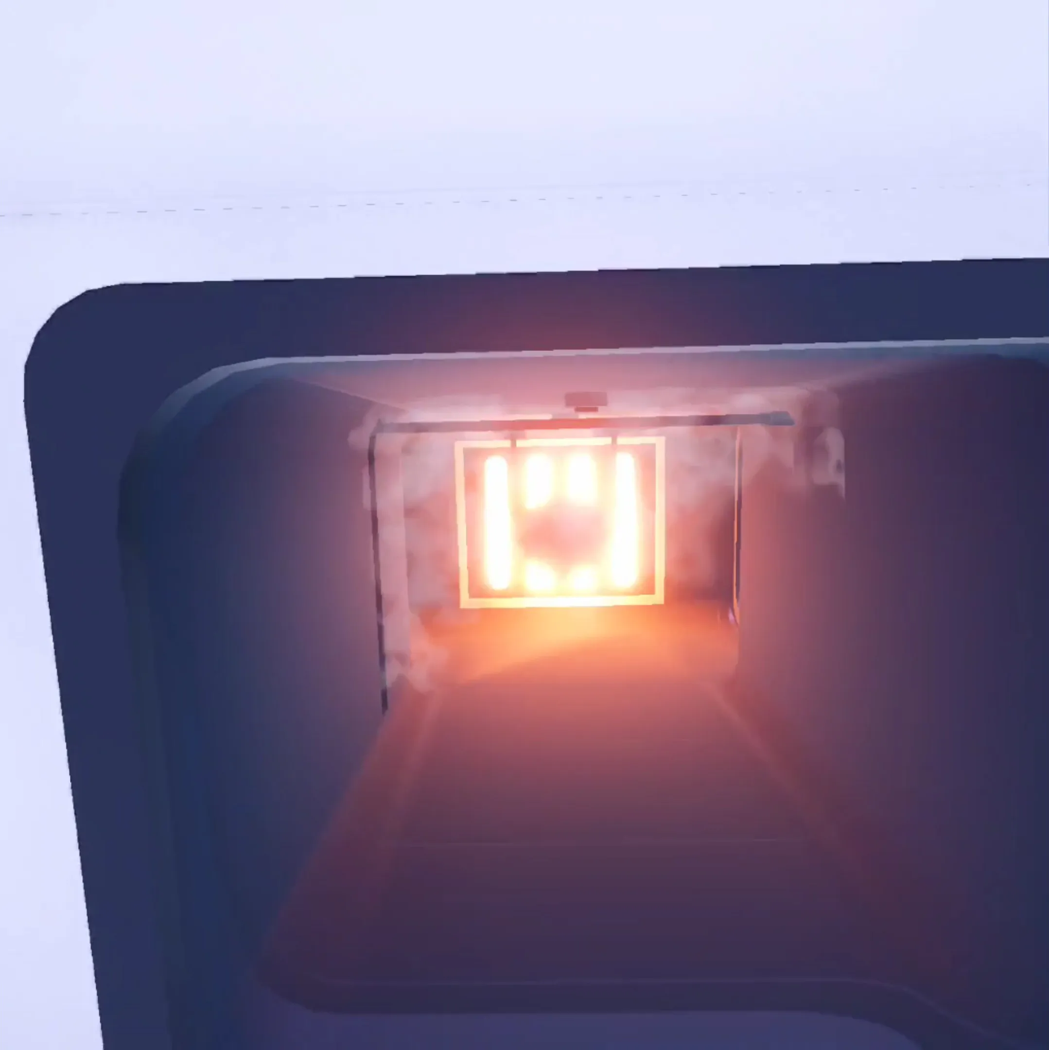 VR-Szene: Blick in einen glühenden Diffusionsofen einer Chipfabrik, in dem der Wafer thermisch bearbeitet wird.
