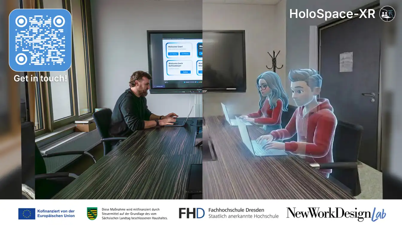 Realer Meetingraum und derselbe Raum mit holografischen Remote-Teilnehmenden