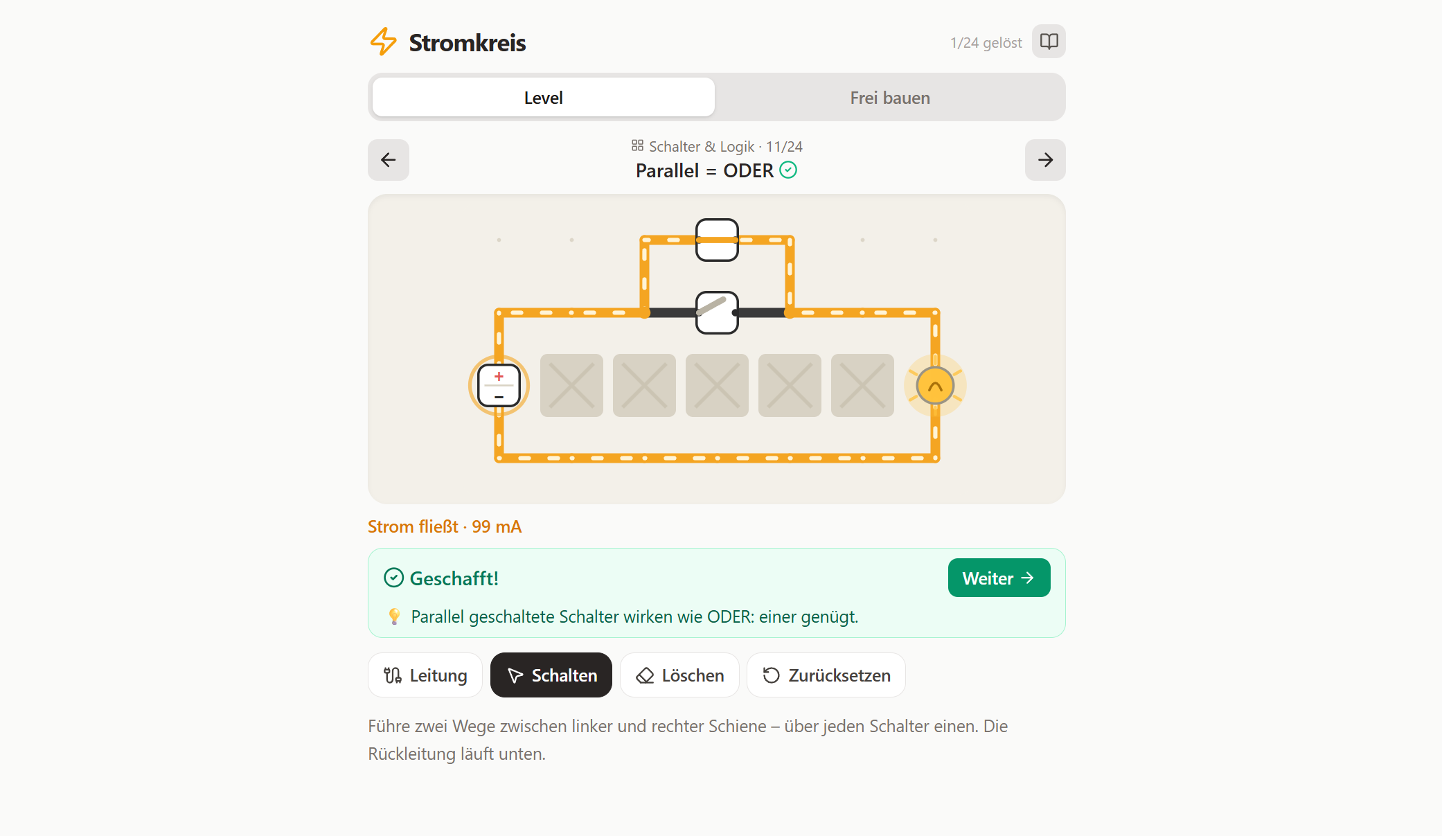 Screenshot des Lernprototyps „Stromkreis“: Im Level „Parallel = ODER“ ist ein Stromkreis mit zwei parallel geschalteten Schaltern aufgebaut, darunter die Rückmeldung „Geschafft!“ und die Werkzeuge Leitung, Schalten, Löschen und Zurücksetzen.