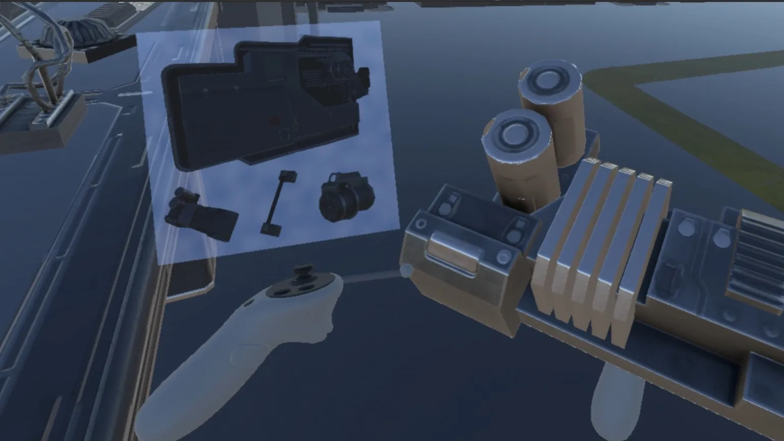 VR-Perspektive mit Controller in der Hand: Vor einer Werkbank mit Bauteilen schwebt eine halbtransparente Anleitung, auf der ein Gerät und seine Einzelteile abgebildet sind.