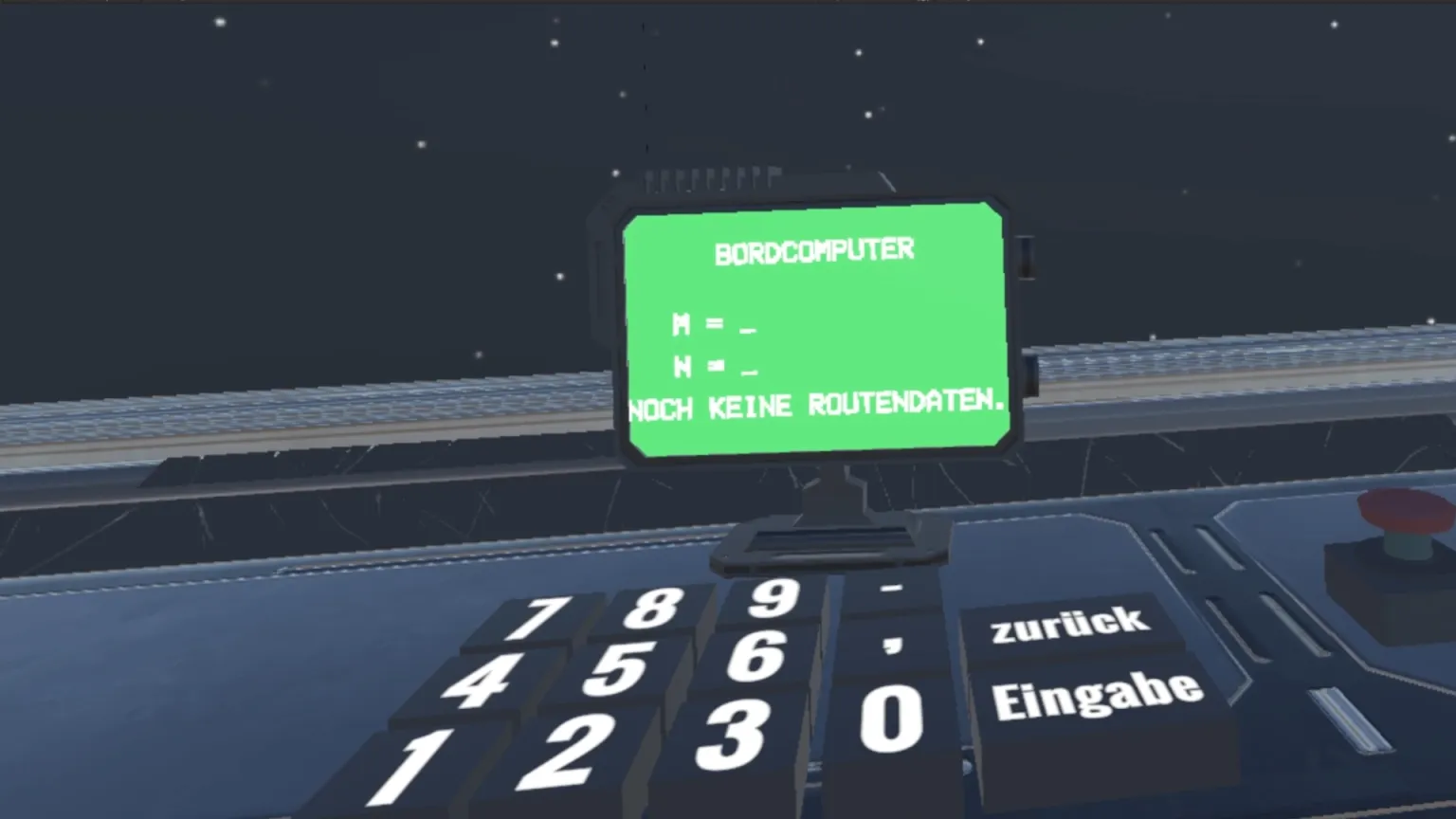 Cockpit-Ansicht: Ein grün leuchtender Bildschirm mit der Aufschrift „BORDCOMPUTER“, den Eingabefeldern „M = _“ und „N = _“ sowie dem Hinweis „NOCH KEINE ROUTENDATEN.“; darunter ein Ziffernfeld mit den Tasten „zurück“ und „Eingabe“.
