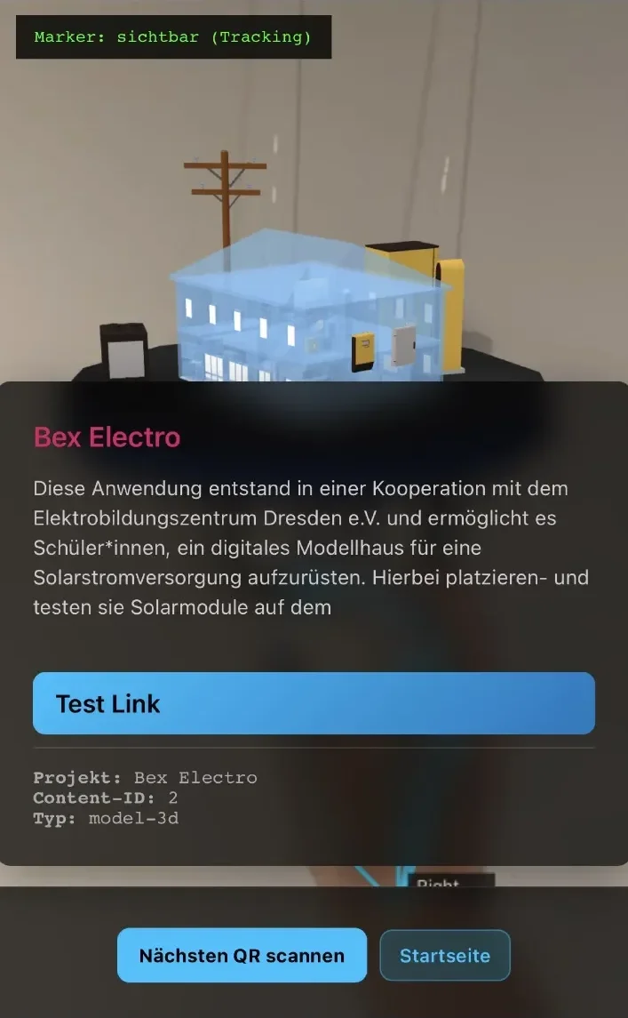 Smartphone-Ansicht der AR-Anwendung mit eingeblendeter Infokarte zum Projekt „Bex Electro“: Beschreibungstext, ein Button „Test Link“ sowie die Angaben Projekt, Content-ID und Typ „model-3d“.